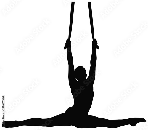 Gymnast silhouette performing an aerial split on rings shows strength, flexibility, and graceful fitness.