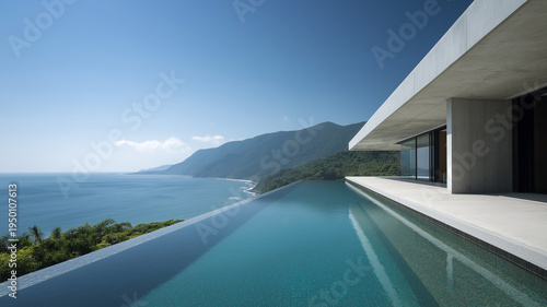 A monumental wide-angle exterior of a luxury Brazilian villa featuring a stunning infinity pool overlooking the ocean and mountains.
