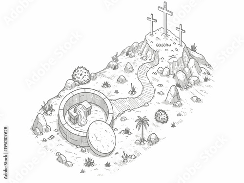 Empty Tomb and Three Crosses on Golgotha Hill Illustration