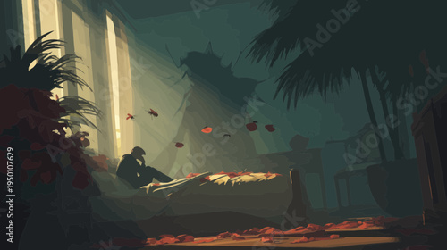 Man Sitting on Bed in Dim Room with Falling Leaves