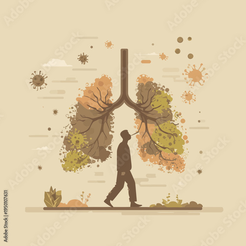 Man walking near diseased lungs with viruses