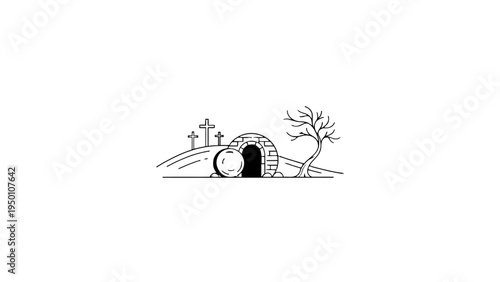 Empty Tomb of Jesus with Three Crosses and Resurrection Line Art