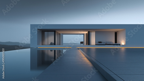 Sleek geometric concrete villa featuring an infinity pool reflecting a blue hour sky. Minimalist architectural lines create a serene and luxurious waterfront atmosphere.
