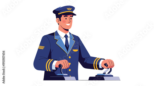 Confident Pilot in Control: A skilled pilot in a sharp uniform confidently commands the aircraft's controls, ready for takeoff and a journey through the skies.