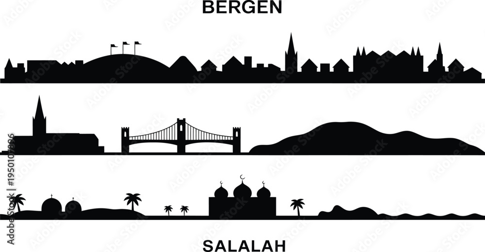 Obraz premium Bergen and Salalah city silhouettes skyline vector collection with architectural landmarks black