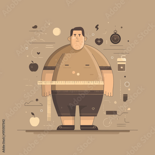 Overweight Man Measuring Waist with Health Icons