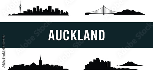 Auckland new zealand city skyline silhouettes set vector illustration bundle on transparent background