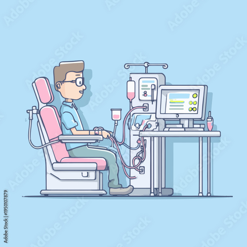Patient undergoing dialysis treatment with medical machine