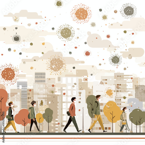 People Wearing Masks in a Polluted City with Viruses