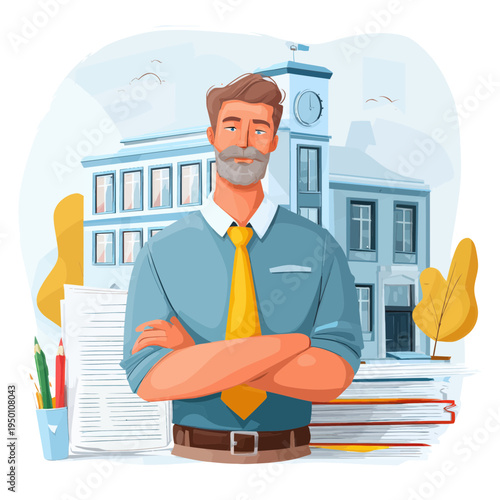 School Principal Standing Confidently with Books and Building