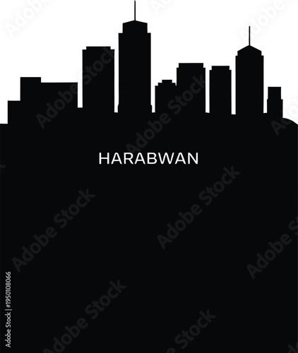 Black skyline silhouette of harabwan city with large dark skyscrapers and text area