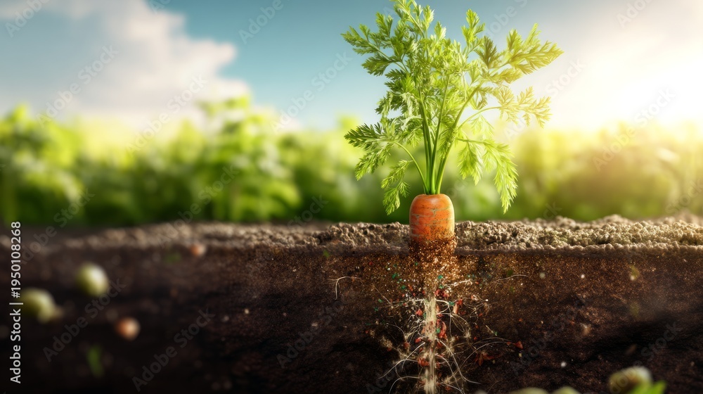 Fototapeta premium Vertical Cross Section of Soil Showing Carrot Seed Sprout Growth in Garden