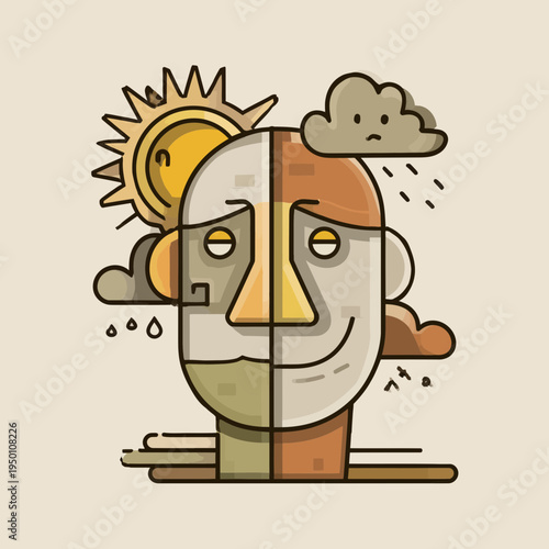 Split Face Symbolizing Bipolar Moods With Sun and Clouds