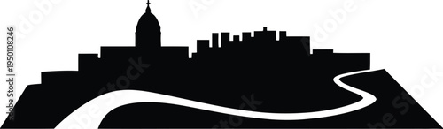 City skyline silhouette with dome building and winding road vector illustration