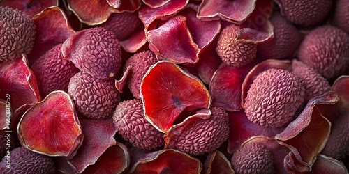Dried Lychee Fruit Pieces with Unique Textures, Ideal for Culinary Backgrounds and Designs