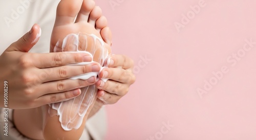 Applying moisturizing cream on feet against pink background, close up foot care concept with copy space