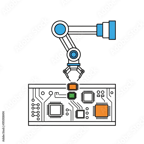 Robotic arm assembling electronic components on a circuit board.