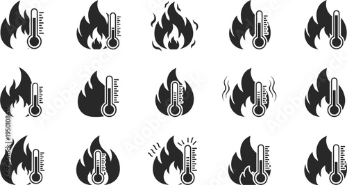 Fire and Thermometer Icon Set for Heat, Temperature, and Fire Safety Designs
