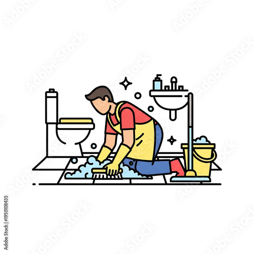 Worker cleaning bathroom floor with mop and bucket.
