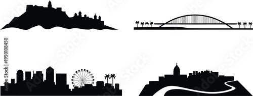 Diverse city skyline silhouettes and tropical coastal landscapes with palm trees vector pack
