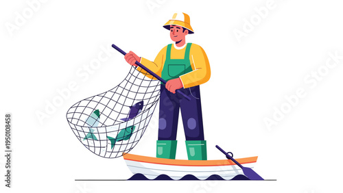 Angler's Daily Catch: An angler skillfully hauls in his catch in the open water. A simple cartoon style scene evoking the pleasure of fishing.