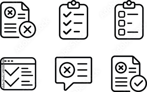 Collection of document icons with checkmarks and crosses on transparent background for graphic design