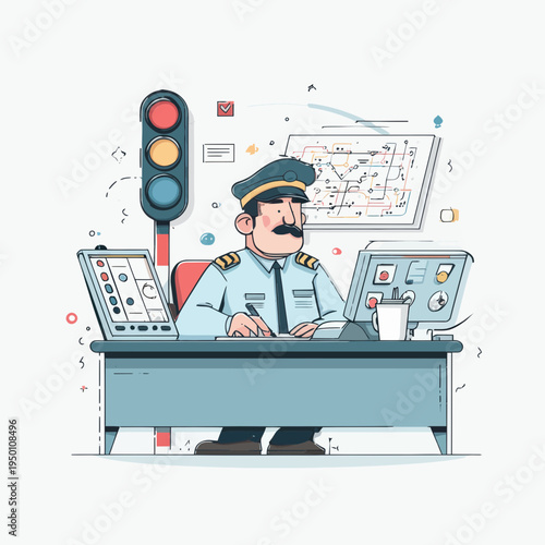 Traffic Control Officer Works at Desk with Systems and Maps