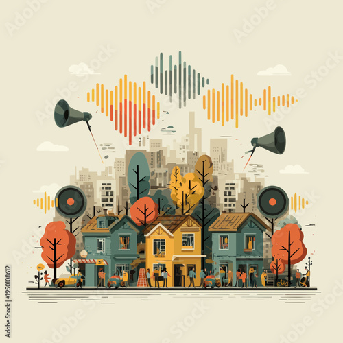 Urban noise pollution visualized in a cityscape illustration