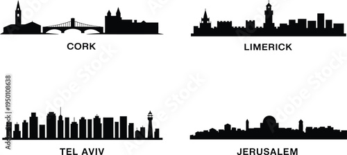 European city skyline silhouettes featuring historical architecture and riverside bridge set