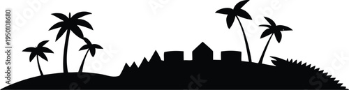 Exotic tropical island black silhouette landscape icon with palm trees and small buildings