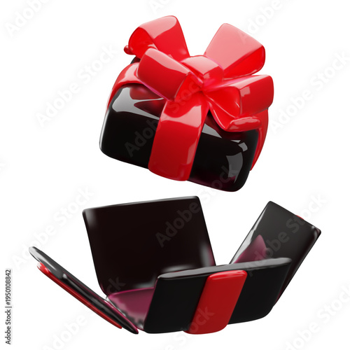 3D open black gift box with a red ribbon and bow, glossy plastic style. Mockup for Black Friday, promotions, discounts, birthdays, Valentine's Day, and holidays. Vector illustration. Render.