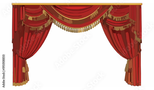 Elegant red theater stage curtains with gold accents vector illustration for performance, drama, and event design