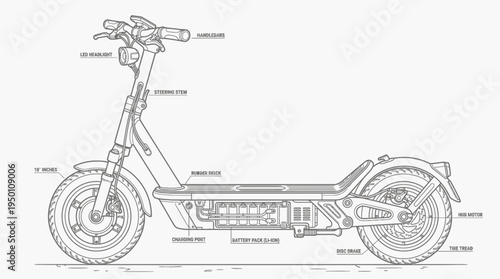 Detailed Blueprint of an Electric Scooter Unveiling its Internal Engineering and Component Layout