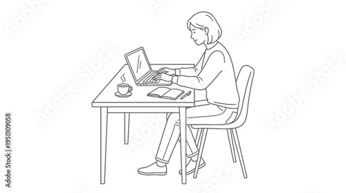 Focused woman working on her laptop at a desk, engaged in productive tasks and remote education
