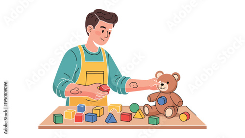 Playtime Harmony: A caregiver engaged in a moment of playful interaction with a child, offering a colorful selection of toys, fostering learning and nurturing a positive relationship.