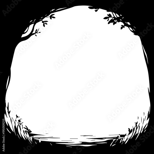 Black text frame. Frame for greeting or advertising text. Space for photo or drawing. Marsh grass, riverbank grass, tree branches. Isolated on white background. Flat vector design.