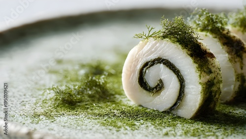 Close up of Gourmet White Fish Roll with Seaweed and Green Herb Powder on Artisanal Plate