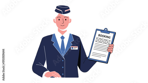 Friendly Booking Assistant: An illustration features a uniformed professional, holding a clipboard displaying a booking form. He embodies efficiency and helpfulness.