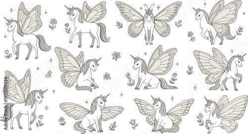 Magical Unicorns with Butterfly Wings and Floral Designs for Fantasy, Whimsical, and Mythical Illustrations