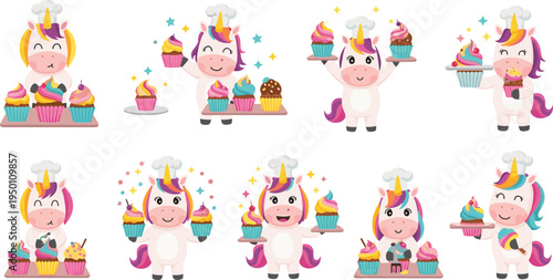 Cute Unicorns Baking and Holding Cupcakes for Fun, Sweet, and Whimsical Designs