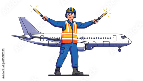 Airport Operations: An airport ground crew member directs an aircraft on the tarmac, ensuring safe and efficient aviation operations. His actions showcase precision, coordination.