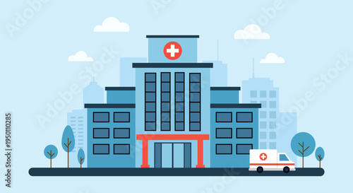 Hospital Building with Ambulance – Healthcare Medical Center Flat Vector Illustration