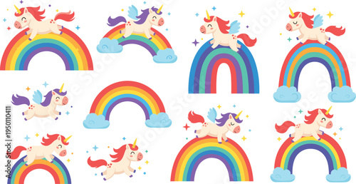 Cute Cartoon Unicorns with Rainbows and Clouds for Magical, Fantasy, and Whimsical Designs