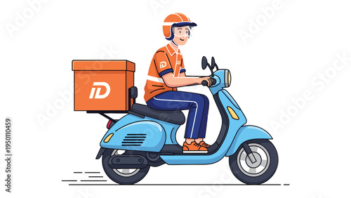 Delivery Service on Wheels: A friendly delivery rider on a scooter swiftly navigates the city streets, box of product secured for swift delivery. Demonstrating Efficiency and Reliability