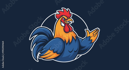 Vibrant cartoon rooster in circular frame.