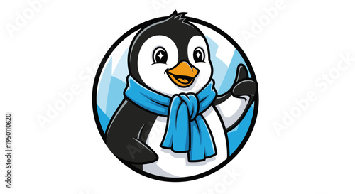 Cute cartoon penguin wearing blue scarf.