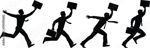 Businessman running silhouette collection with briefcase, dynamic corporate success poses isolated on white background vector illustration