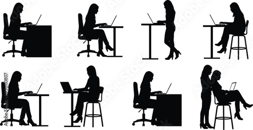 Businesswoman working on laptop in various office positions silhouette set, remote work professional lifestyle and modern workspace concept