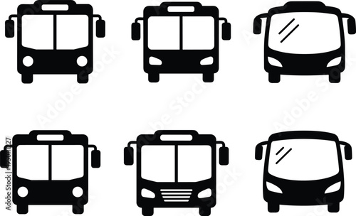 Collection of six black bus front view icons in various modern styles isolated on white background for transportation and transit,