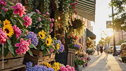 Wallpaper Mural Charming florist storefront with abundant blooming plants cascading onto a narrow city sidewalk, slightly angled perspective capturing depth along the street, striped fabric awning above the entrance Torontodigital.ca
